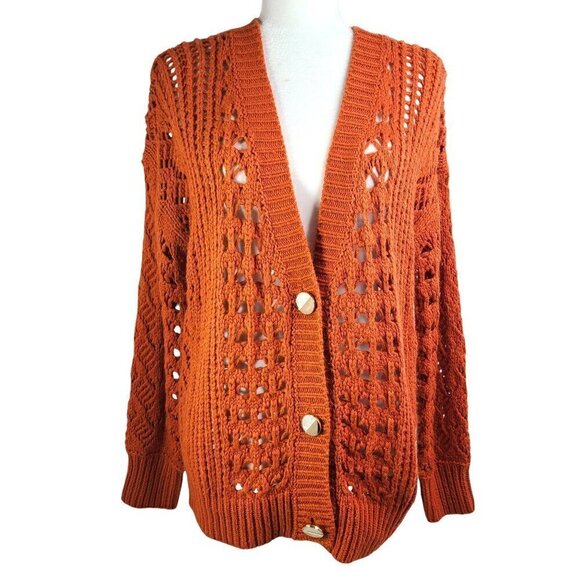 Heartloom Chunky Open Knit Burnt Orange Pearl Buttons Oversized Cardigan - Picture 1 of 9